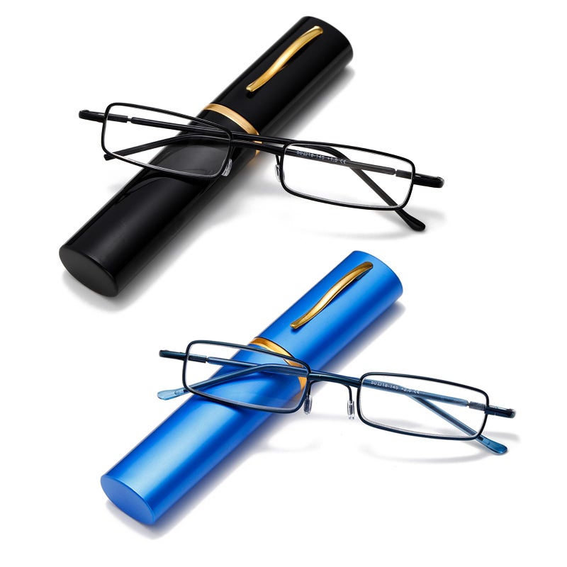 Viseng 2er Pack Mini Metal Reading Glasses Narrow Ultralight Anti Blue Light Reading Glasses with Metal Case Pen Case for Women Men 1.0